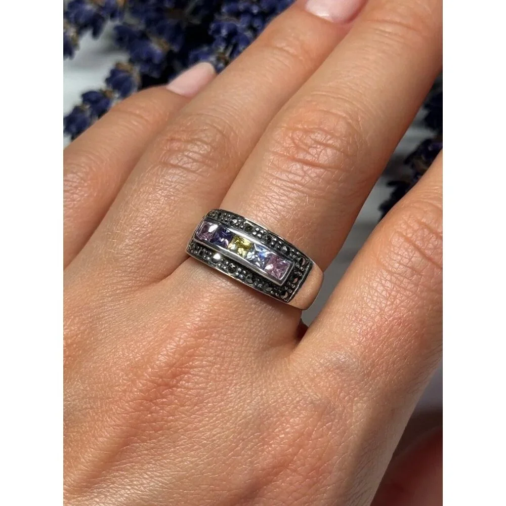 VINTAGE 925 STERLING SILVER TOURMALINES & MARCASITE RING SIZE 8